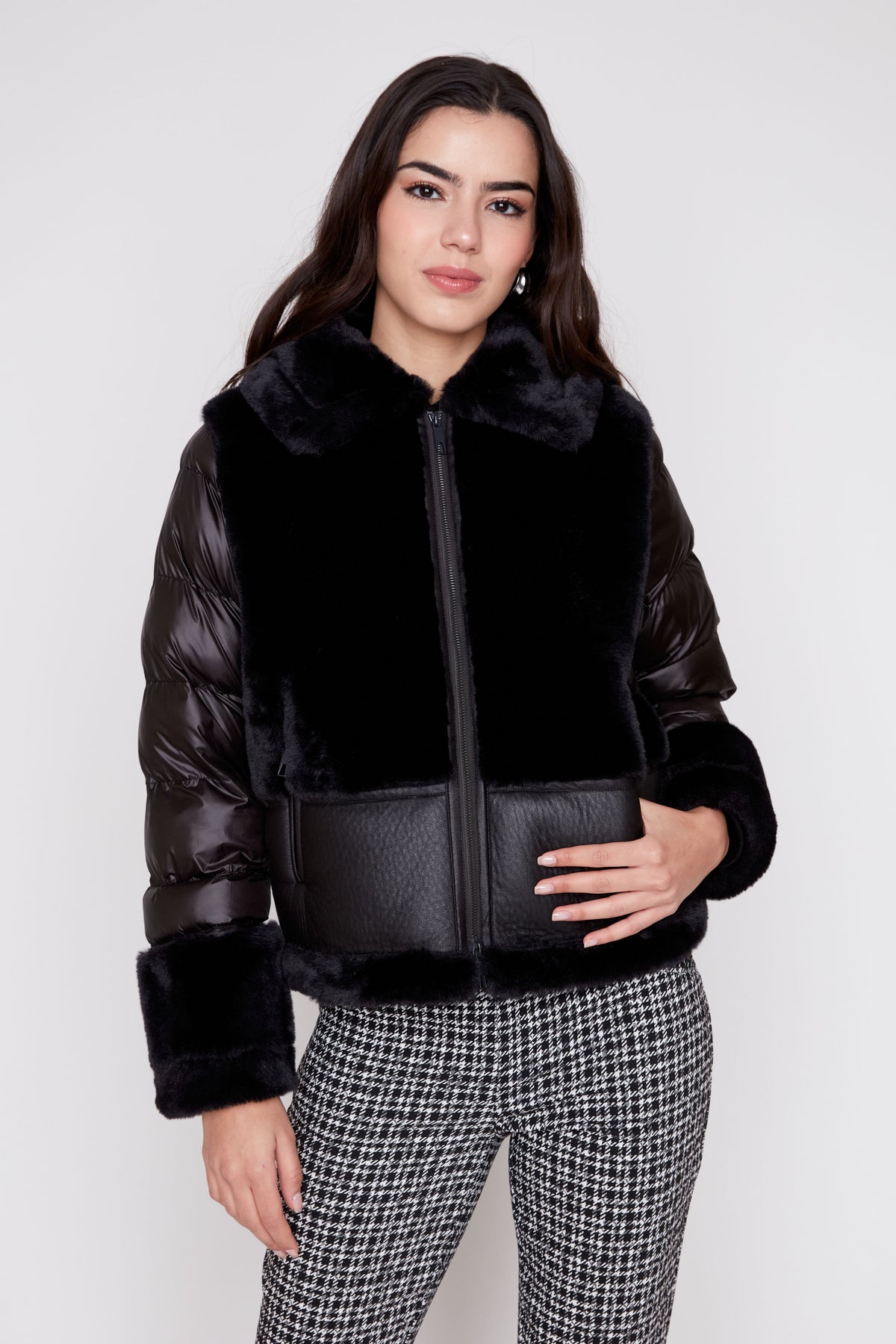 Mix Pleather Faux Fur Quilted Jacket - Black