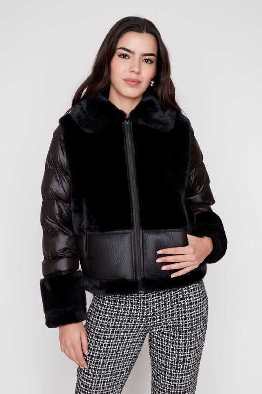 Mix Pleather Faux Fur Quilted Jacket - Black