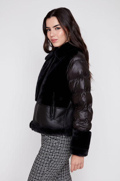 Mix Pleather Faux Fur Quilted Jacket - Black