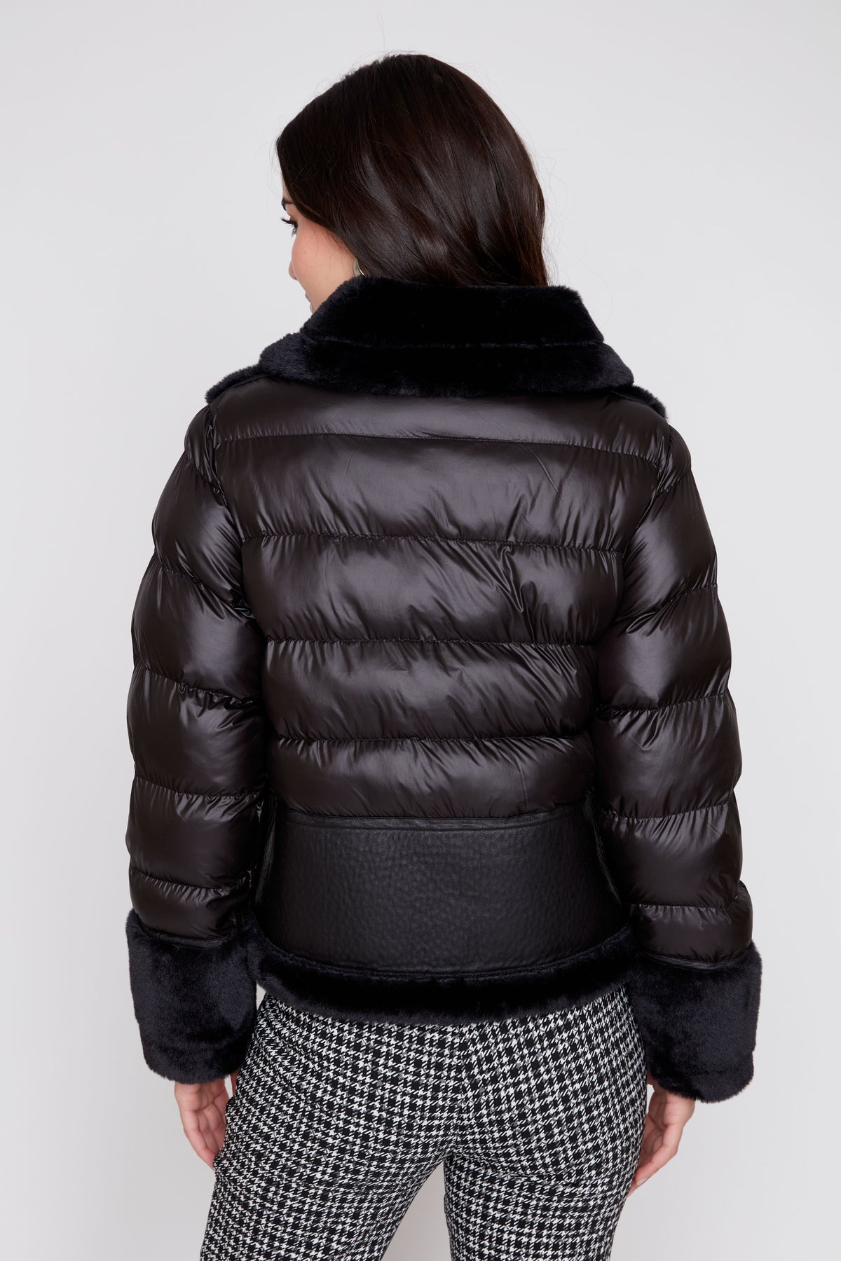 Mix Pleather Faux Fur Quilted Jacket - Black