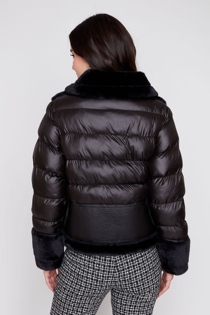 Mix Pleather Faux Fur Quilted Jacket - Black