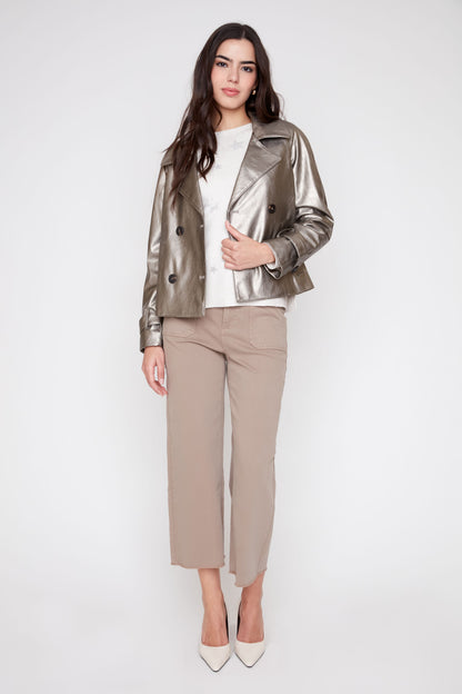 Metallic Pleather Cropped Jacket - Taupe