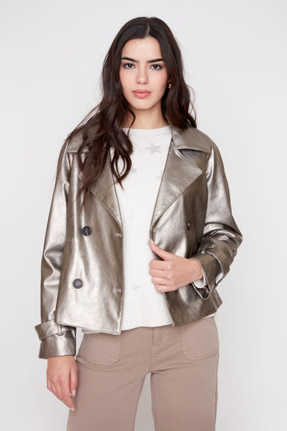 Metallic Pleather Cropped Jacket - Taupe
