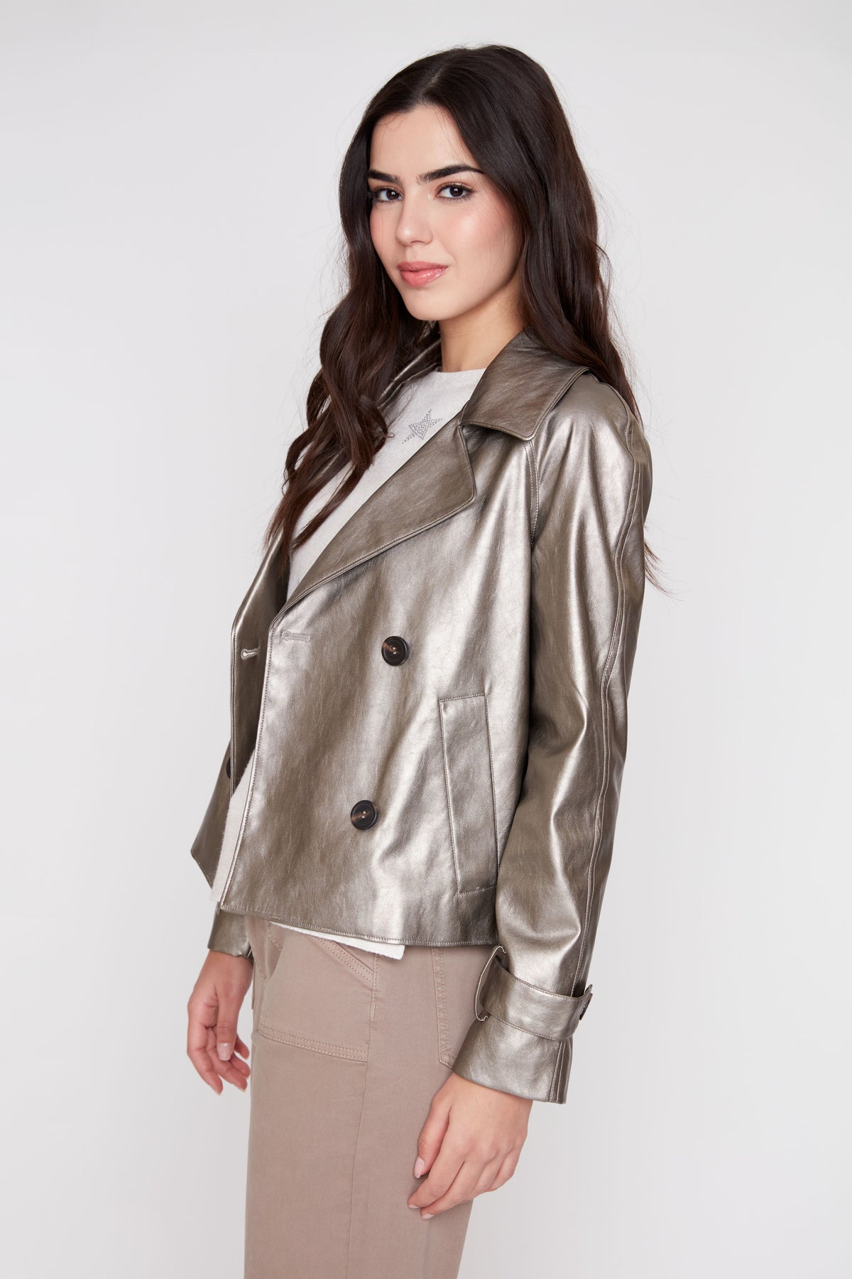 Metallic Pleather Cropped Jacket - Taupe