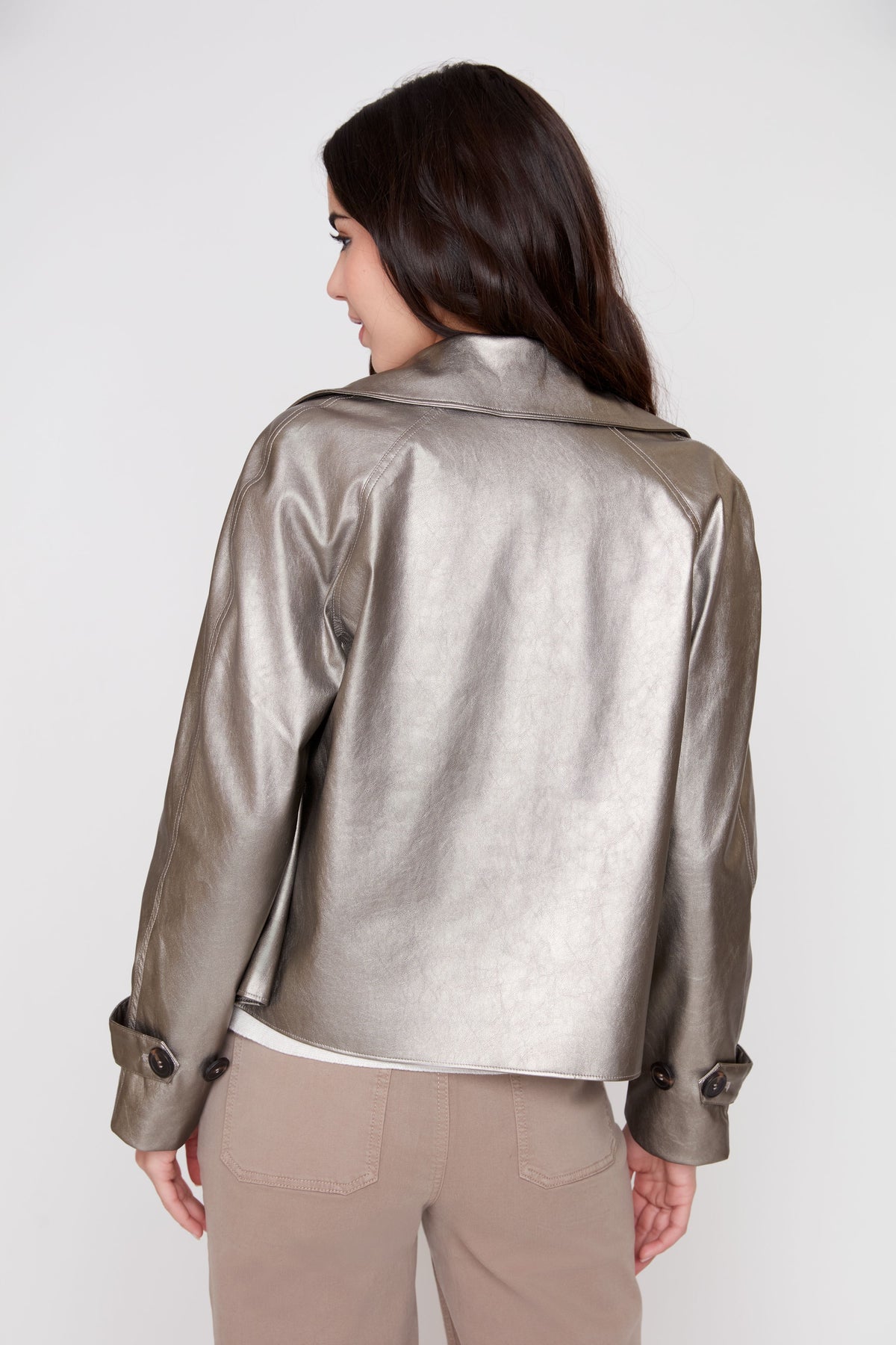 Metallic Pleather Cropped Jacket - Taupe