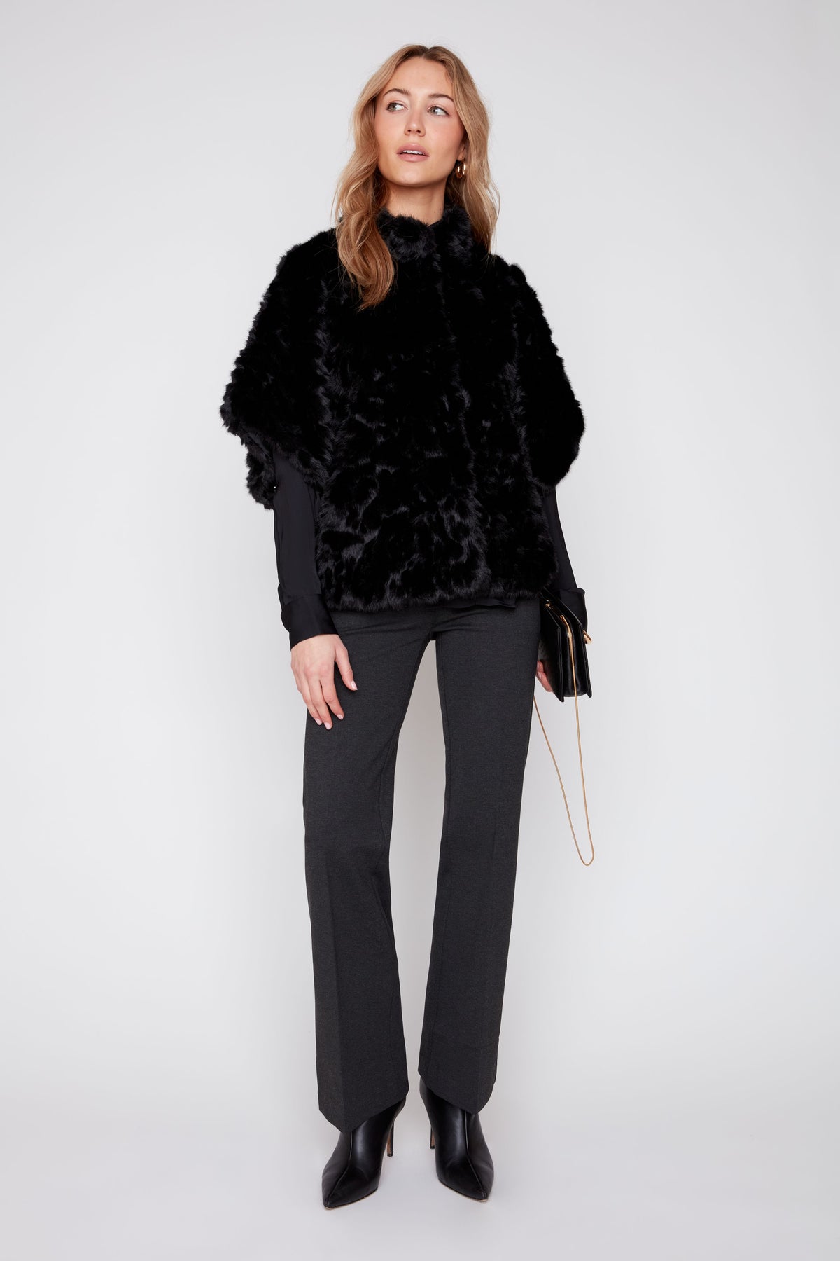 Ruched Faux Fur Poncho - Black