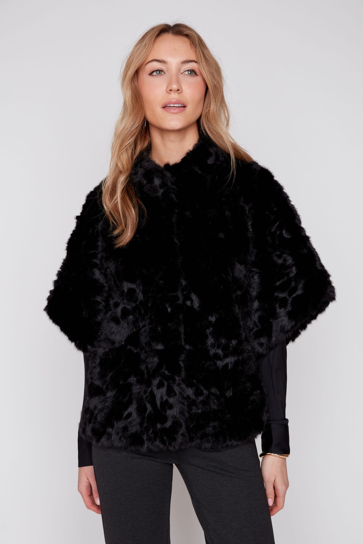 Ruched Faux Fur Poncho - Black