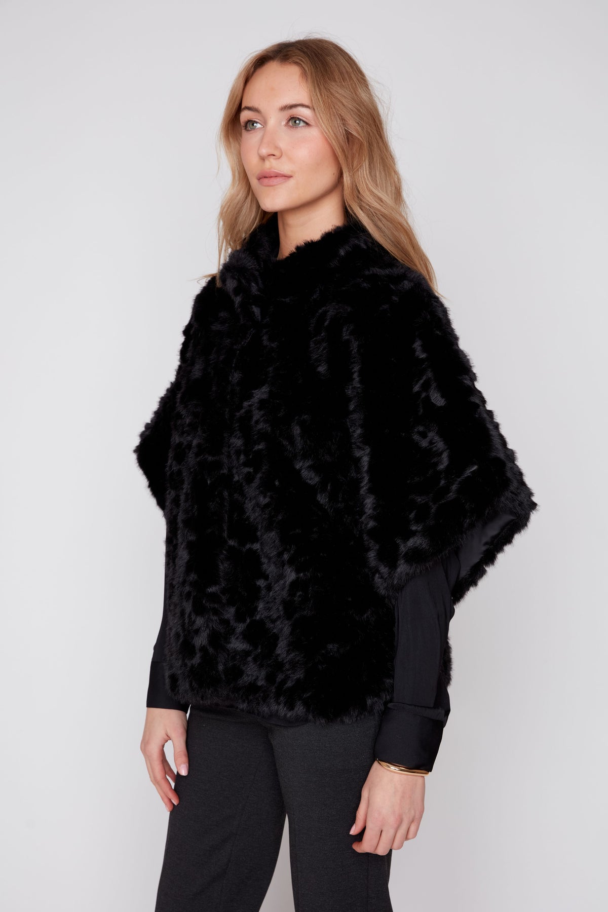 Ruched Faux Fur Poncho - Black