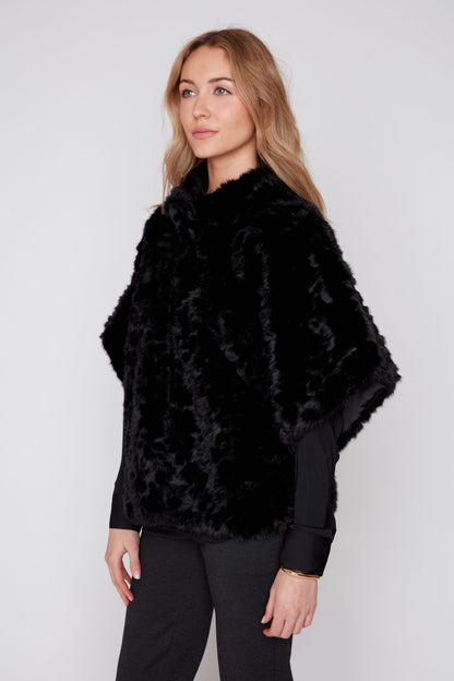 Ruched Faux Fur Poncho - Black