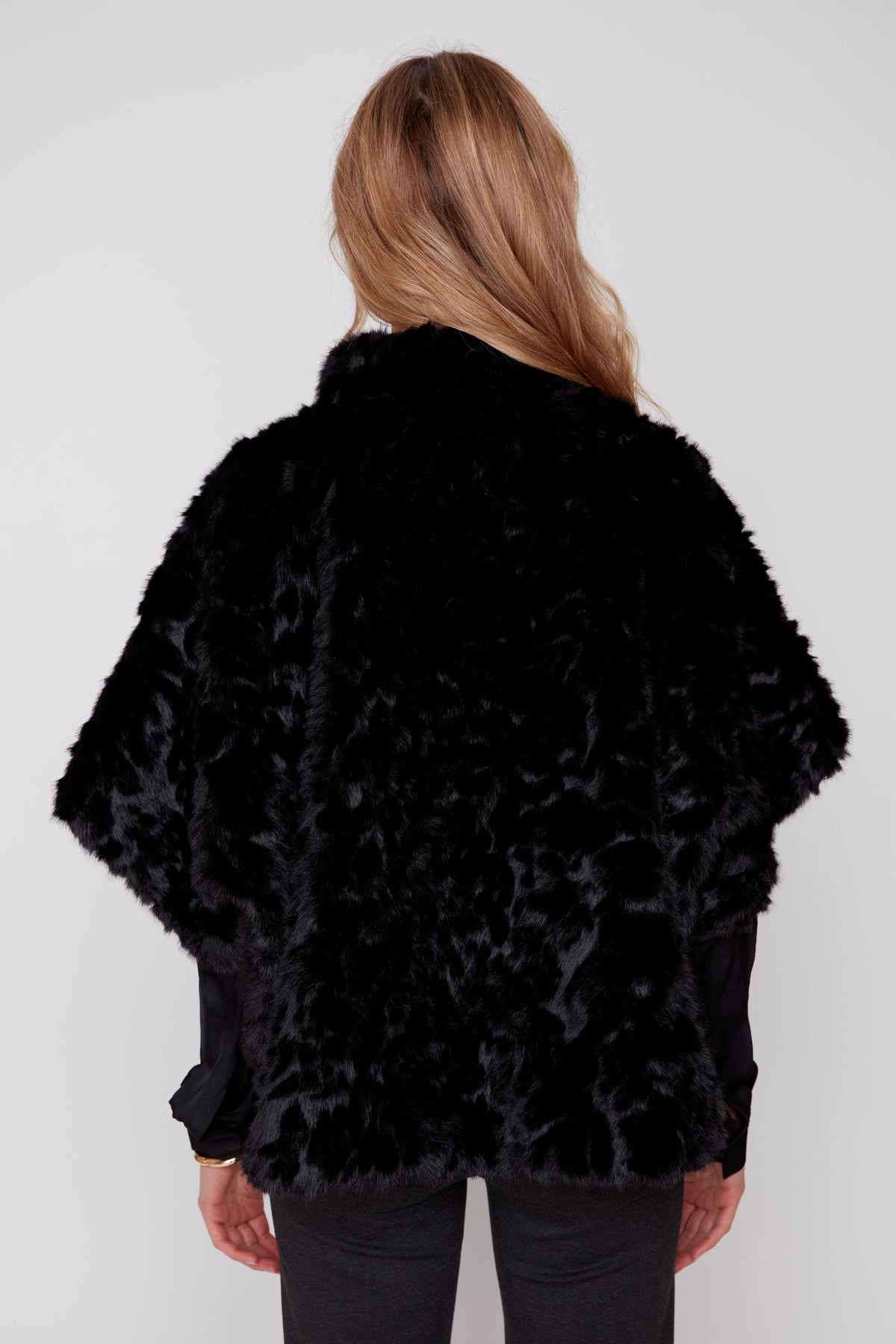 Ruched Faux Fur Poncho - Black