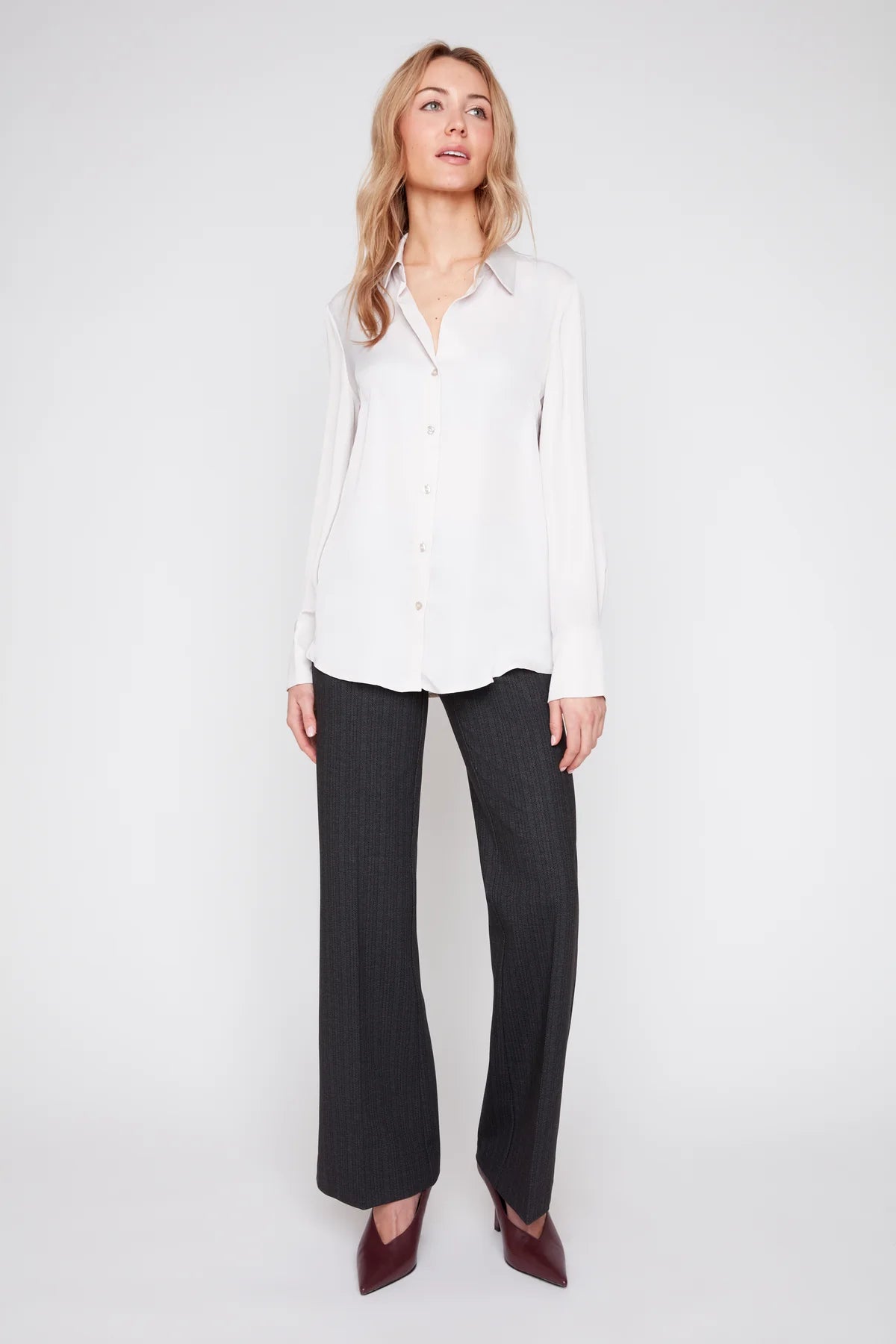Silky Satin Button-Down Blouse - Oyster