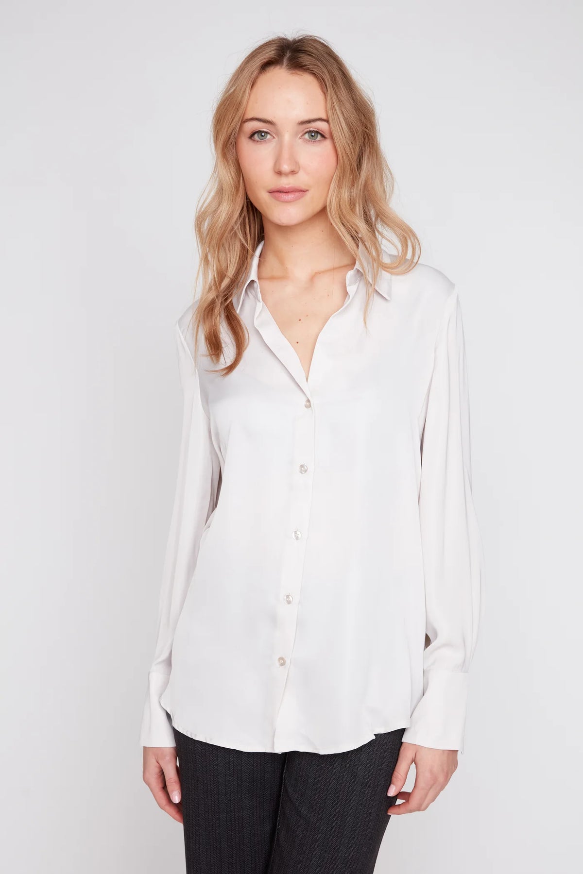 Silky Satin Button-Down Blouse - Oyster