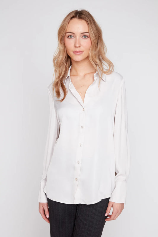 Silky Satin Button-Down Blouse - Oyster
