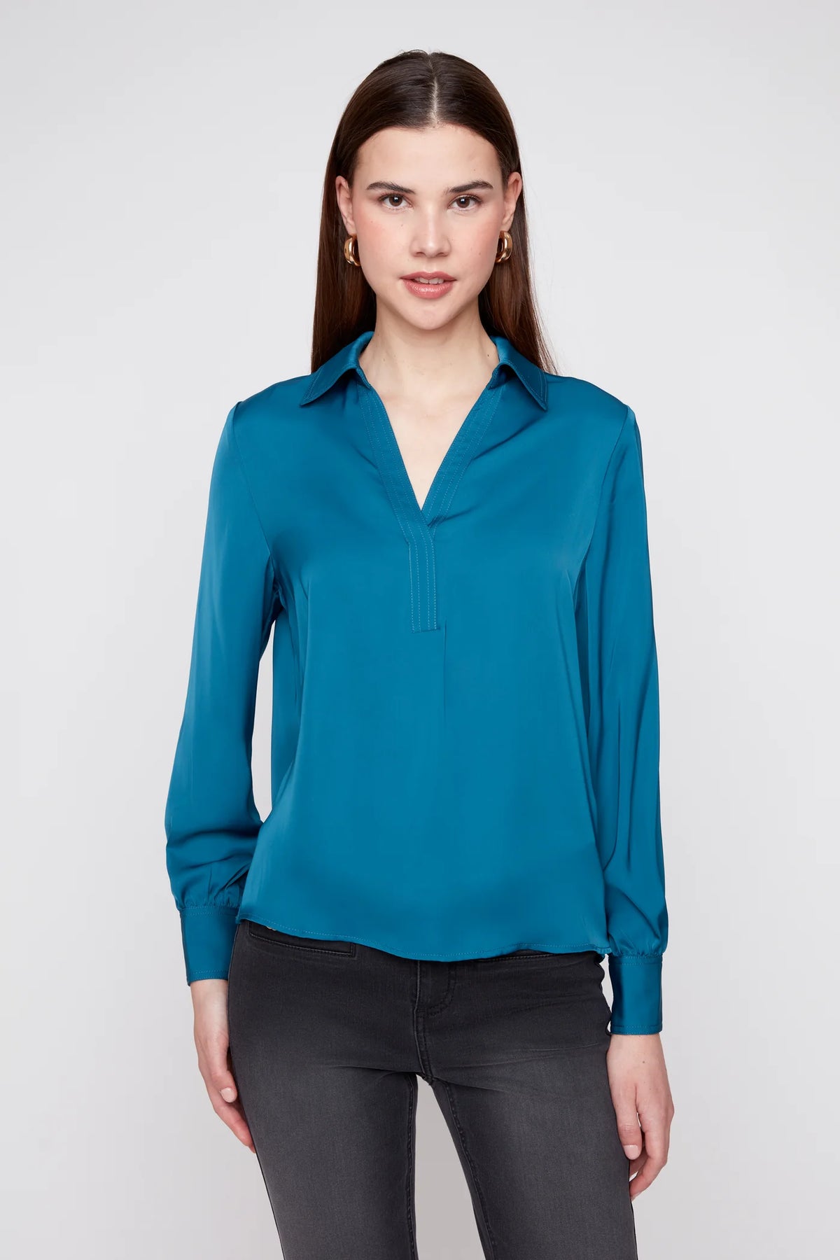 Satin V-Neck Blouse - Deep Sea
