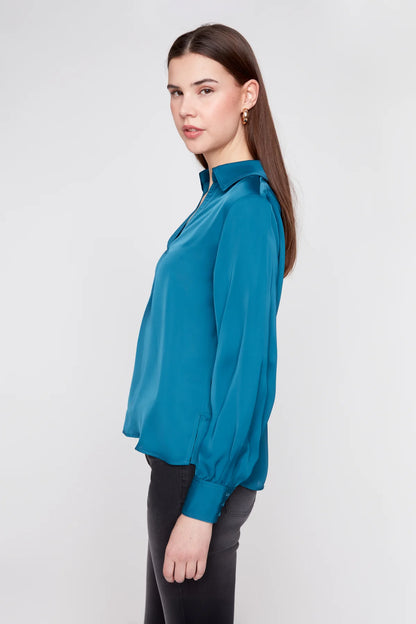 Satin V-Neck Blouse - Deep Sea