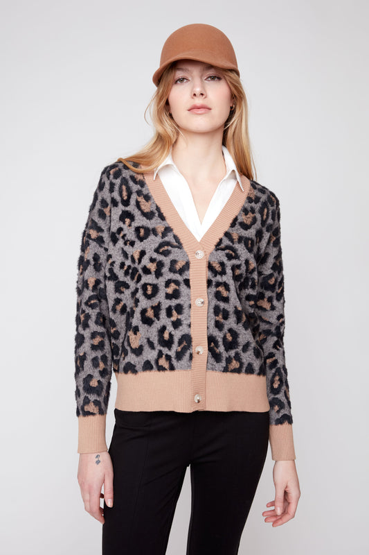 Animal Print Jacquard Knit Cardigan - Black Combo