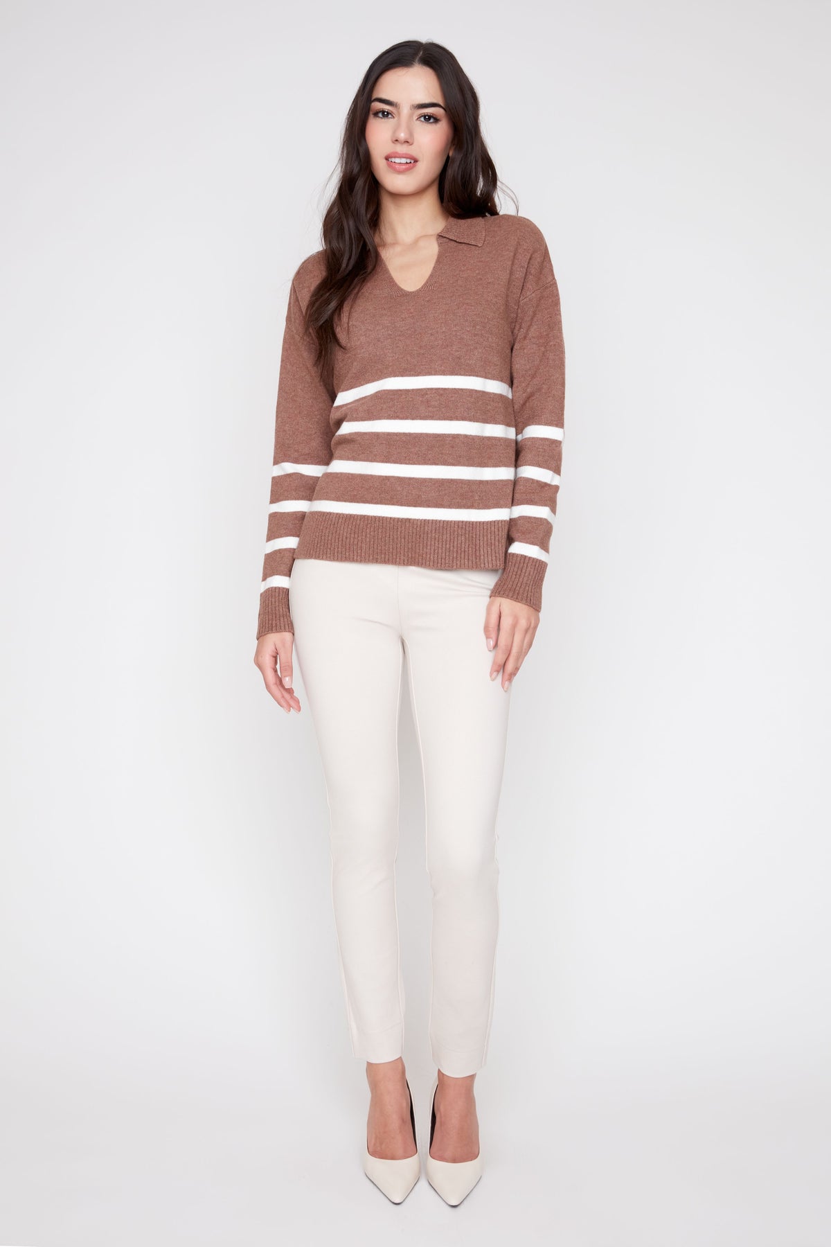 Johnny Collar Striped Knit Sweater -  Heather Tiramisu Combo