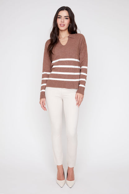 Johnny Collar Striped Knit Sweater -  Heather Tiramisu Combo