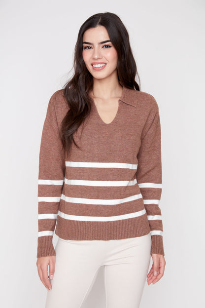 Johnny Collar Striped Knit Sweater -  Heather Tiramisu Combo