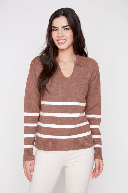 Johnny Collar Striped Knit Sweater -  Heather Tiramisu Combo