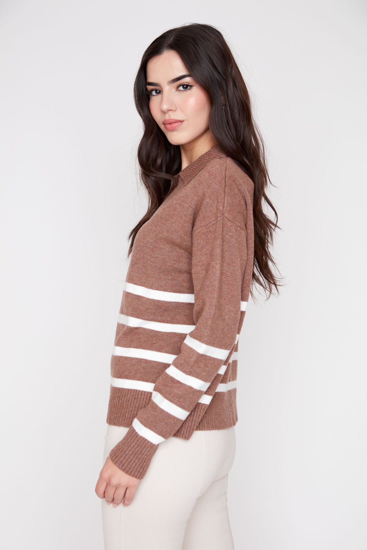 Johnny Collar Striped Knit Sweater -  Heather Tiramisu Combo