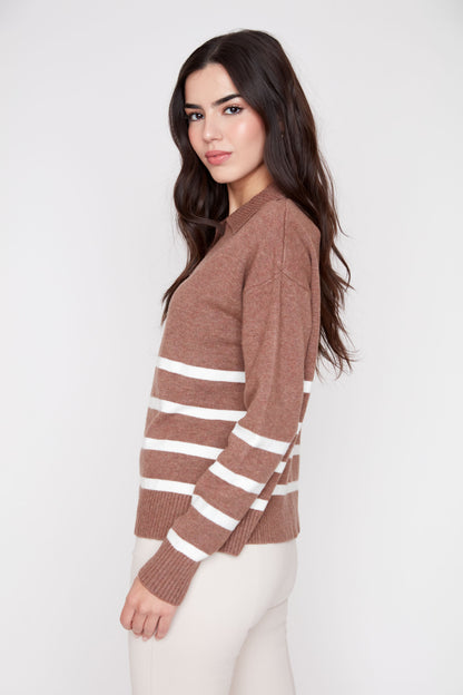 Johnny Collar Striped Knit Sweater -  Heather Tiramisu Combo