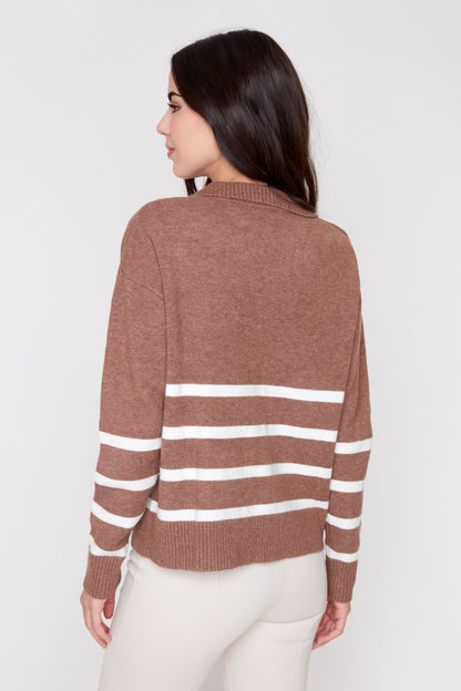 Johnny Collar Striped Knit Sweater -  Heather Tiramisu Combo