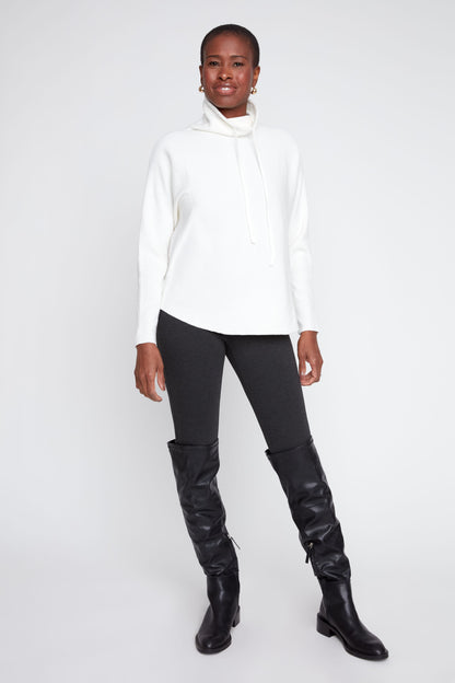Drawstring Funnel Neck Rib Knit Sweater - Creme