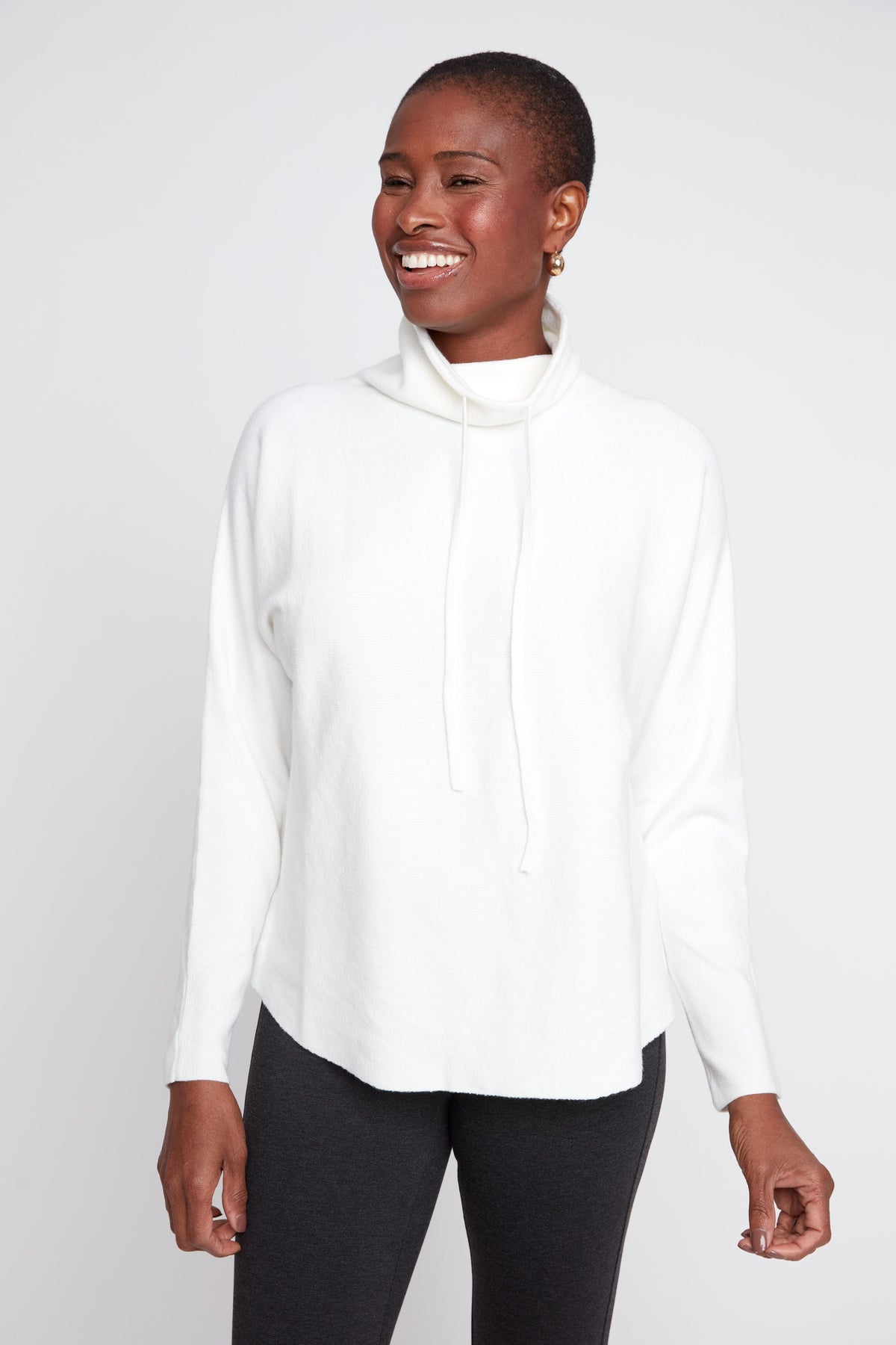 Drawstring Funnel Neck Rib Knit Sweater - Creme