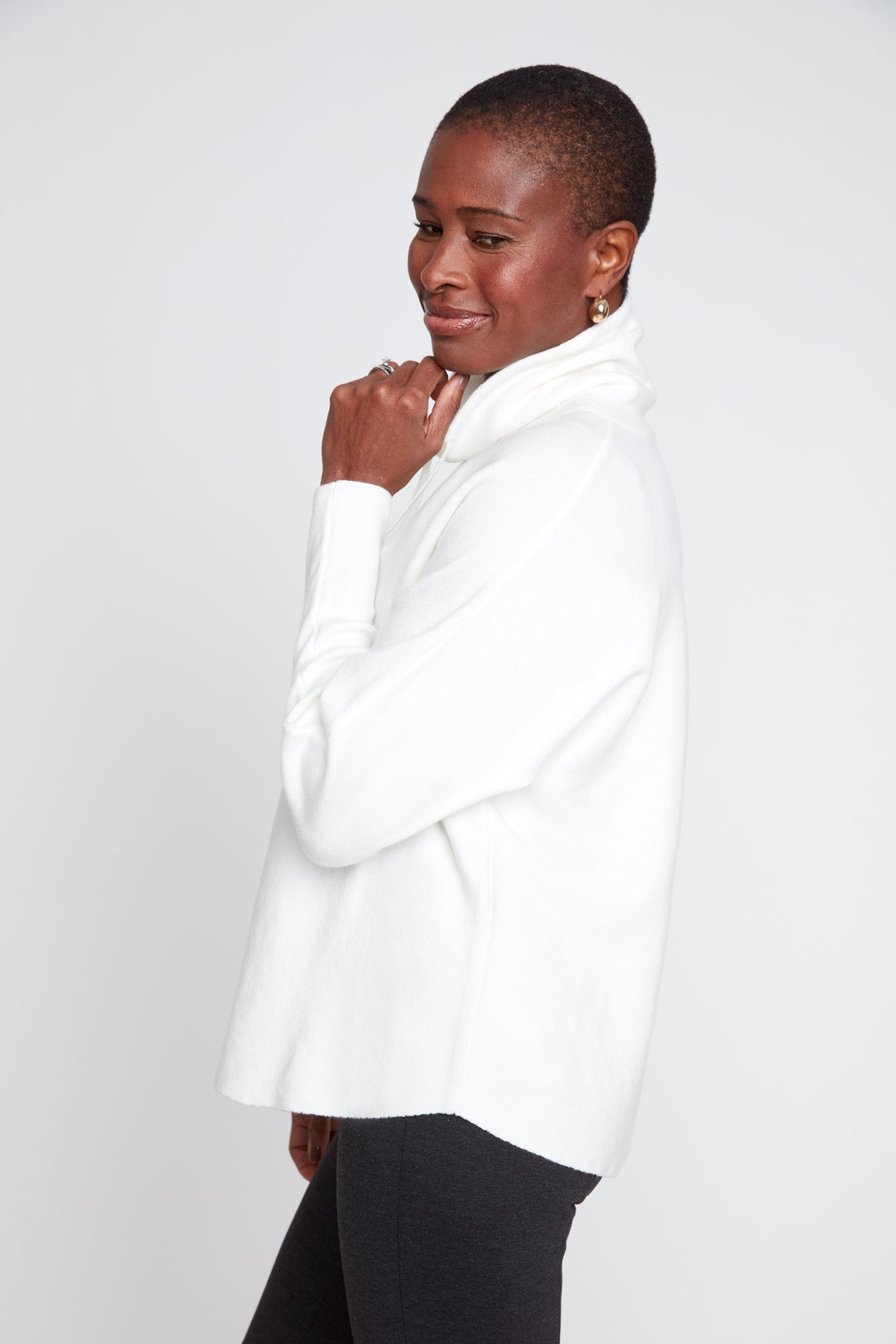 Drawstring Funnel Neck Rib Knit Sweater - Creme