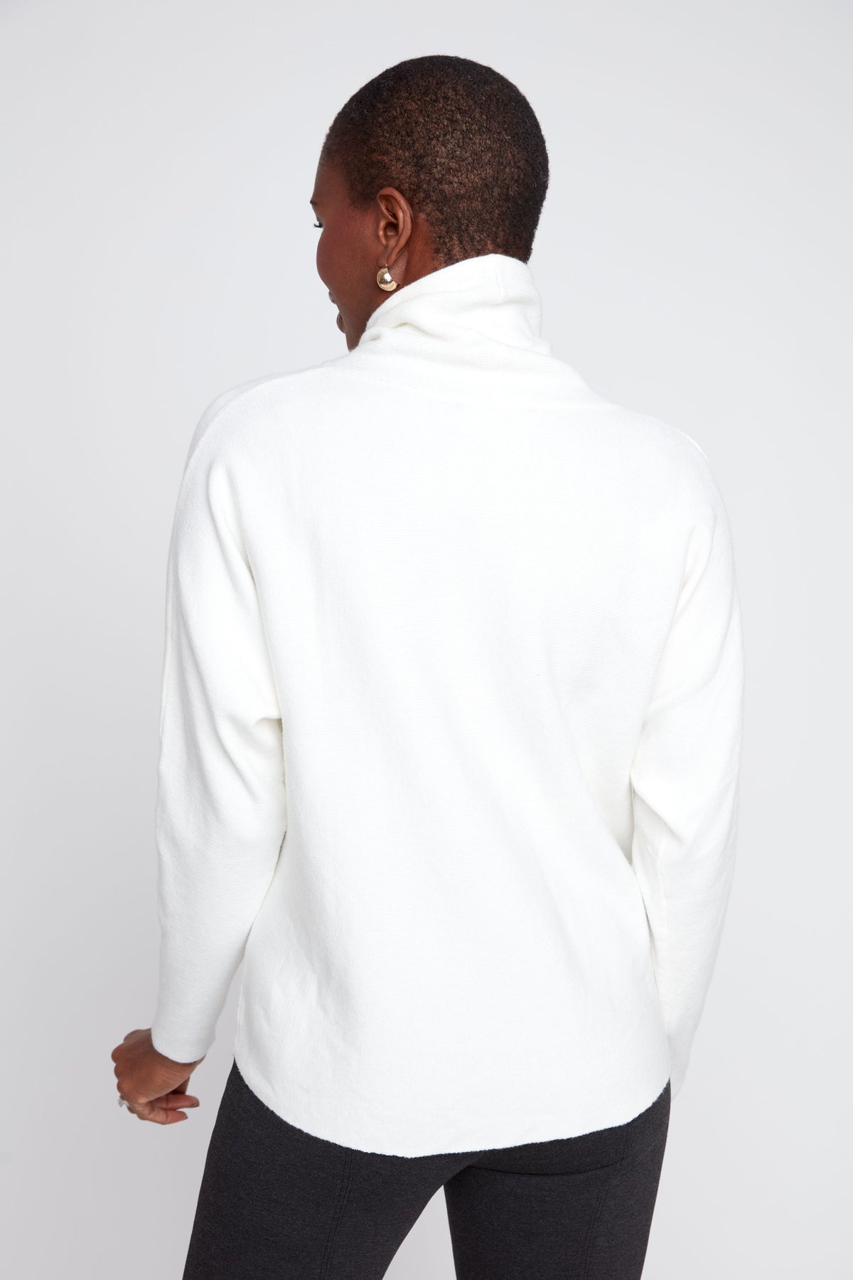 Drawstring Funnel Neck Rib Knit Sweater - Creme