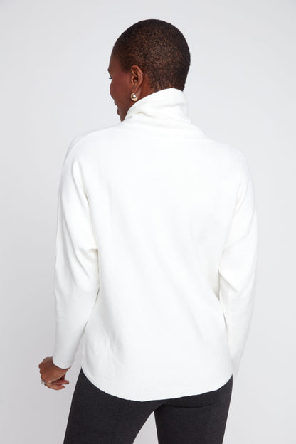 Drawstring Funnel Neck Rib Knit Sweater - Creme