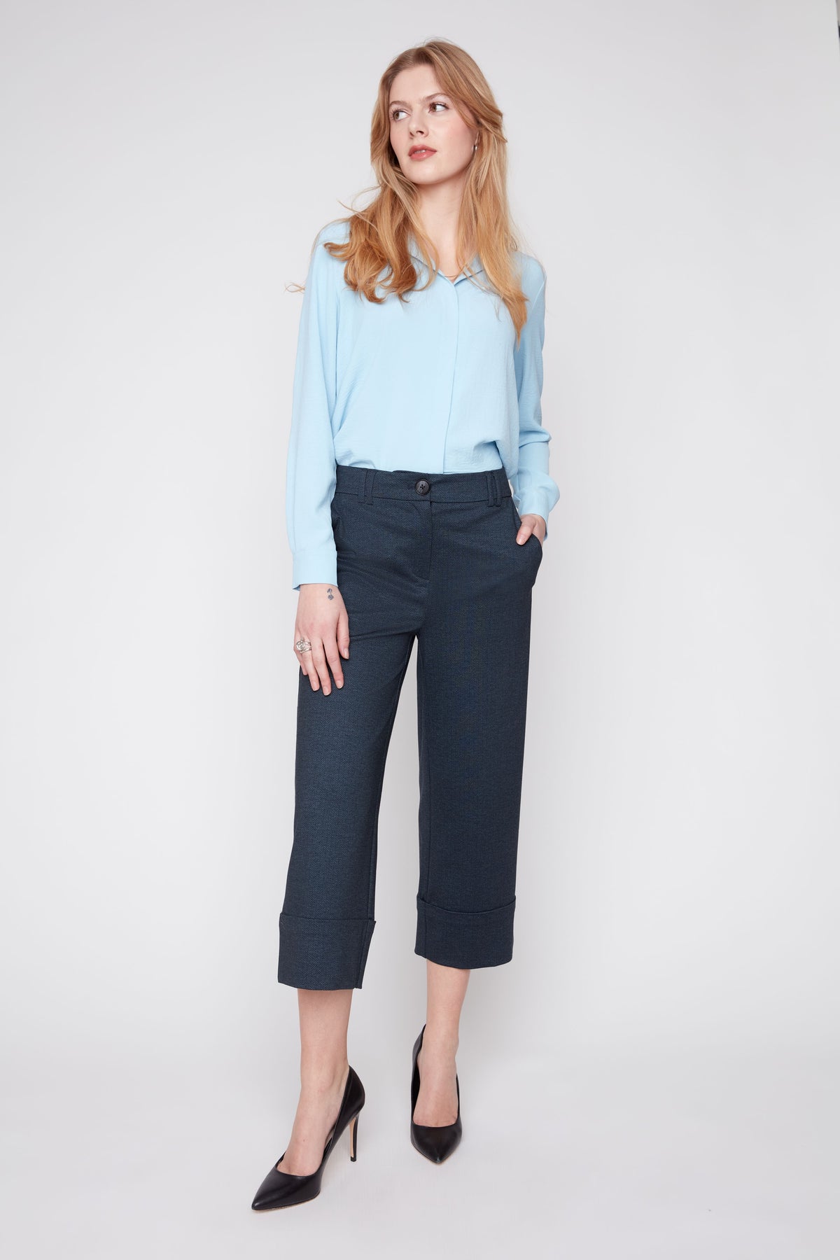 Cropped Chevron Knit Cuffed Pant - Navy