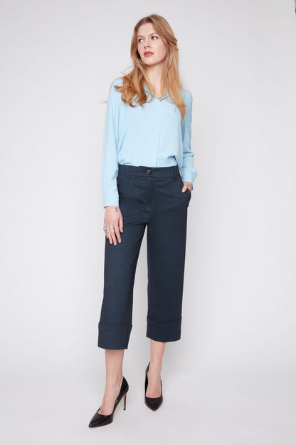 Cropped Chevron Knit Cuffed Pant - Navy