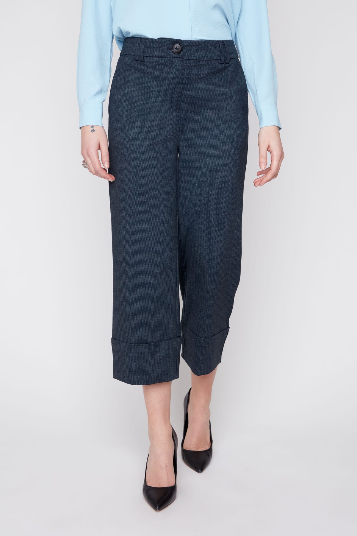 Cropped Chevron Knit Cuffed Pant - Navy