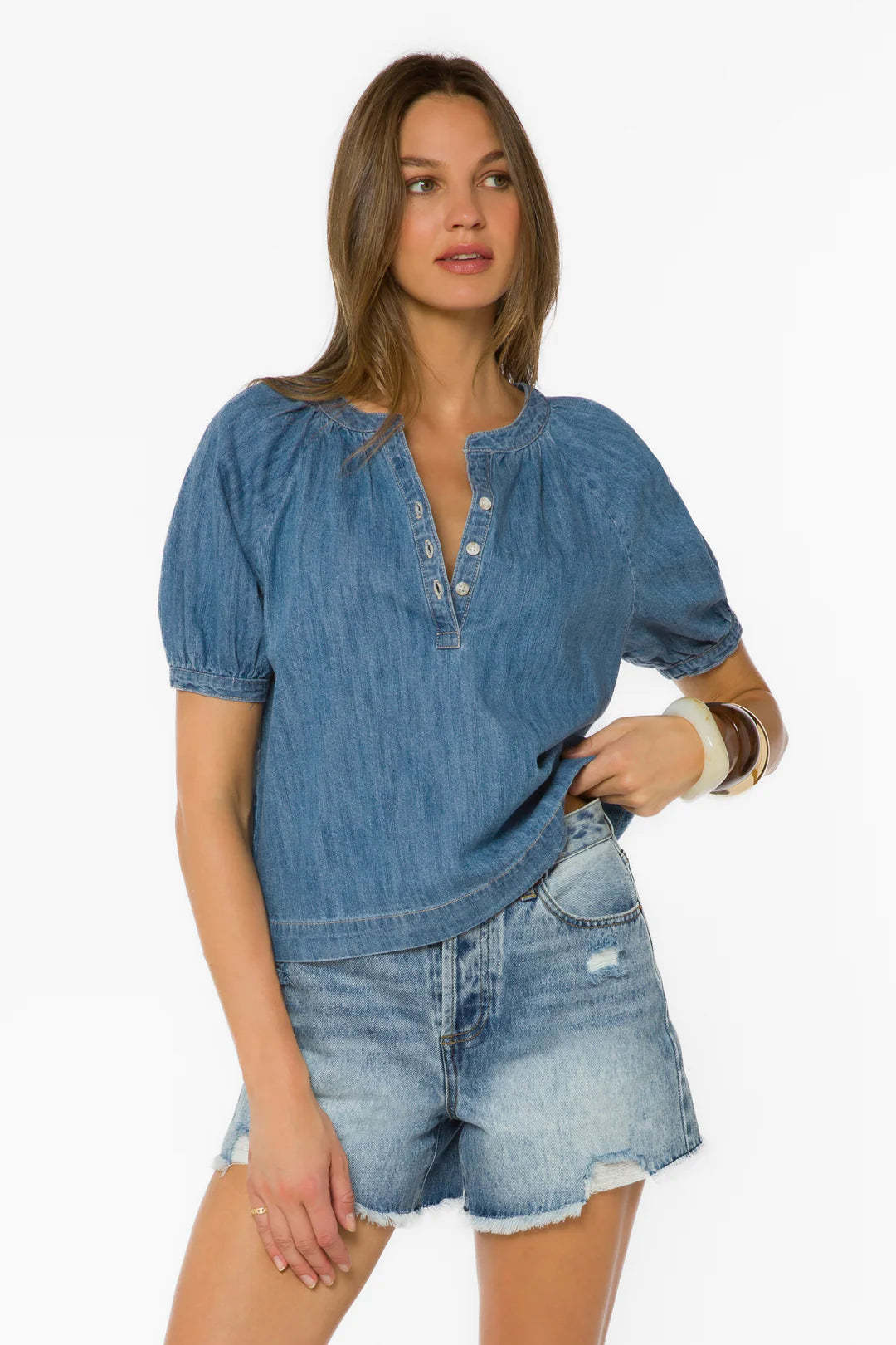 Ronny Short Puff Sleeve Top - Uptown Blue