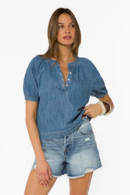 Ronny Short Puff Sleeve Top - Uptown Blue