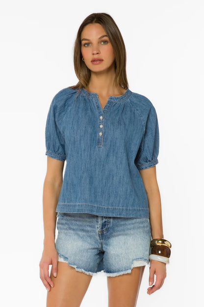Ronny Short Puff Sleeve Top - Uptown Blue