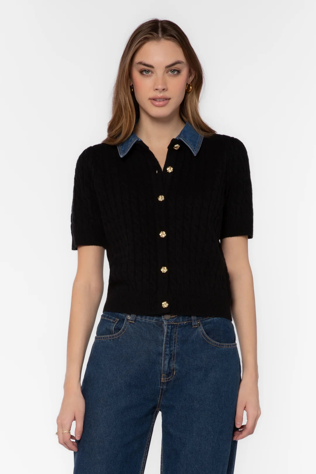 Rosie Short Sleeve Cable Knit Top - Black