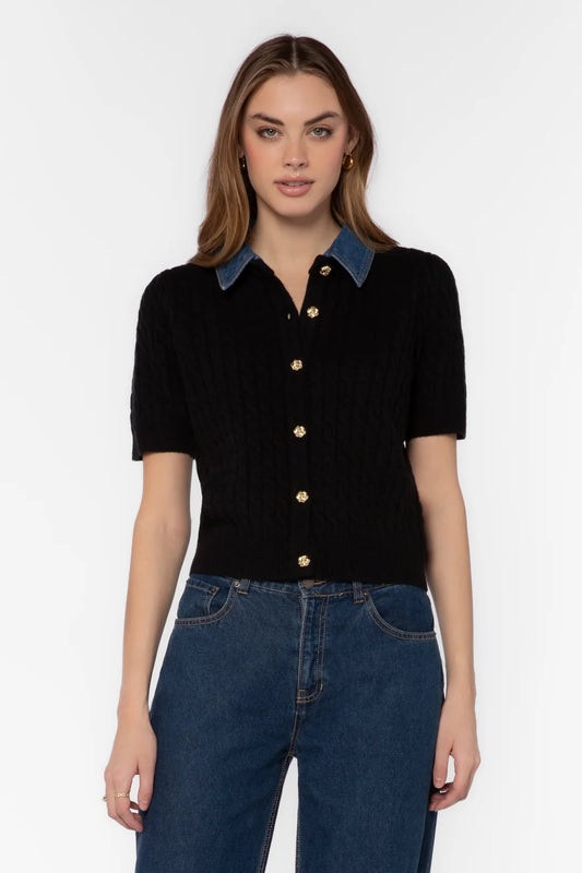 Rosie Short Sleeve Cable Knit Top - Black