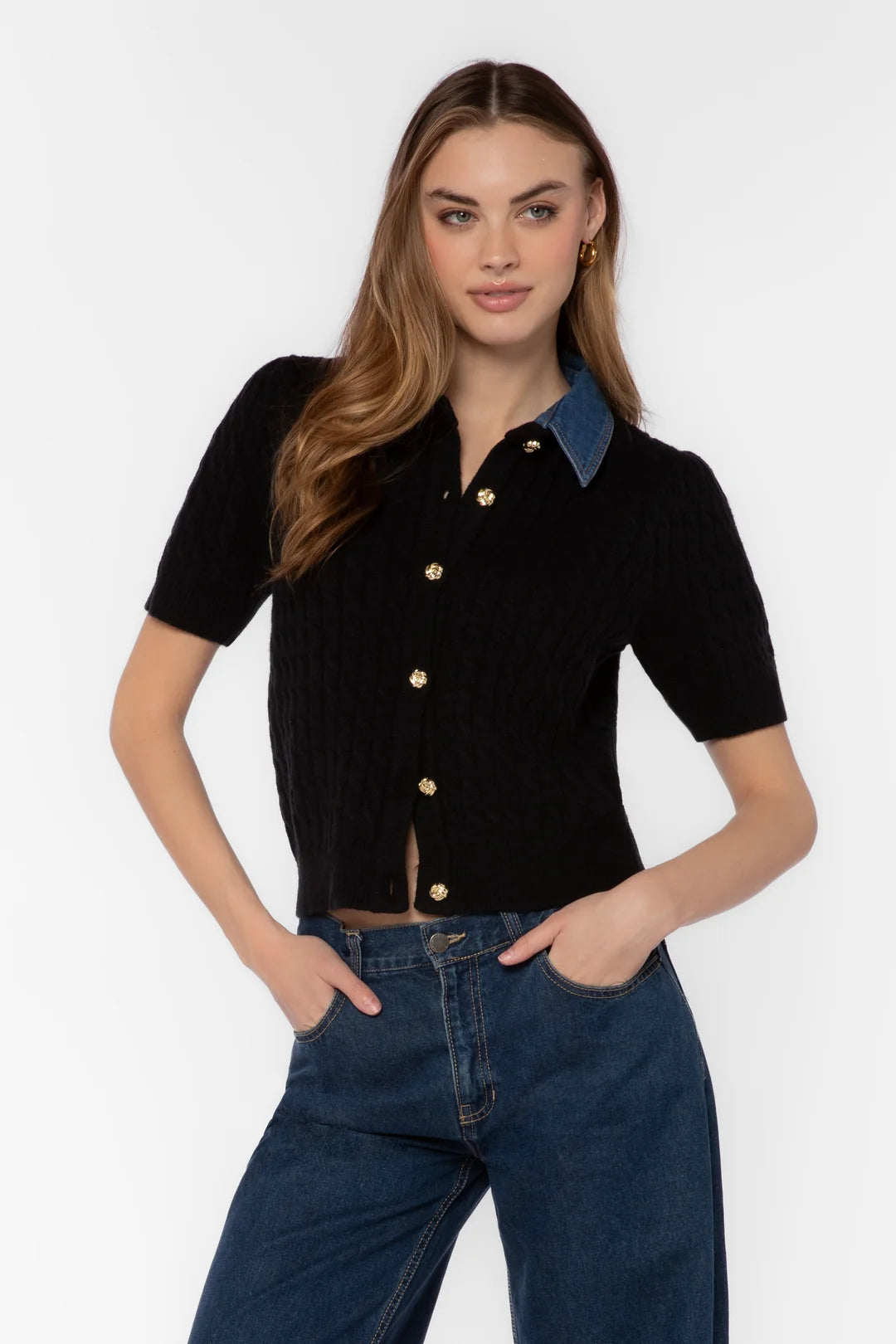 Rosie Short Sleeve Cable Knit Top - Black