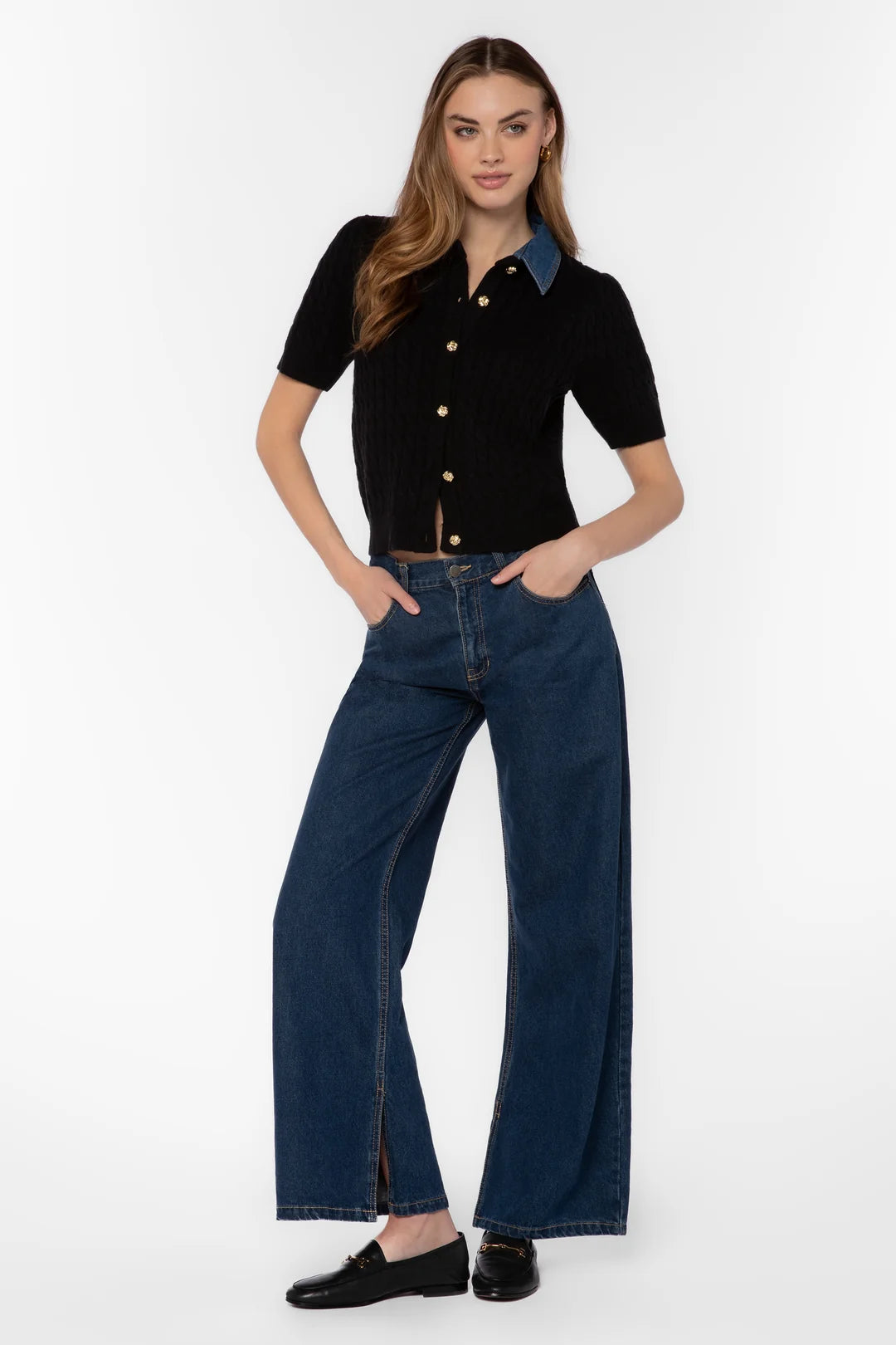 Rosie Short Sleeve Cable Knit Top - Black