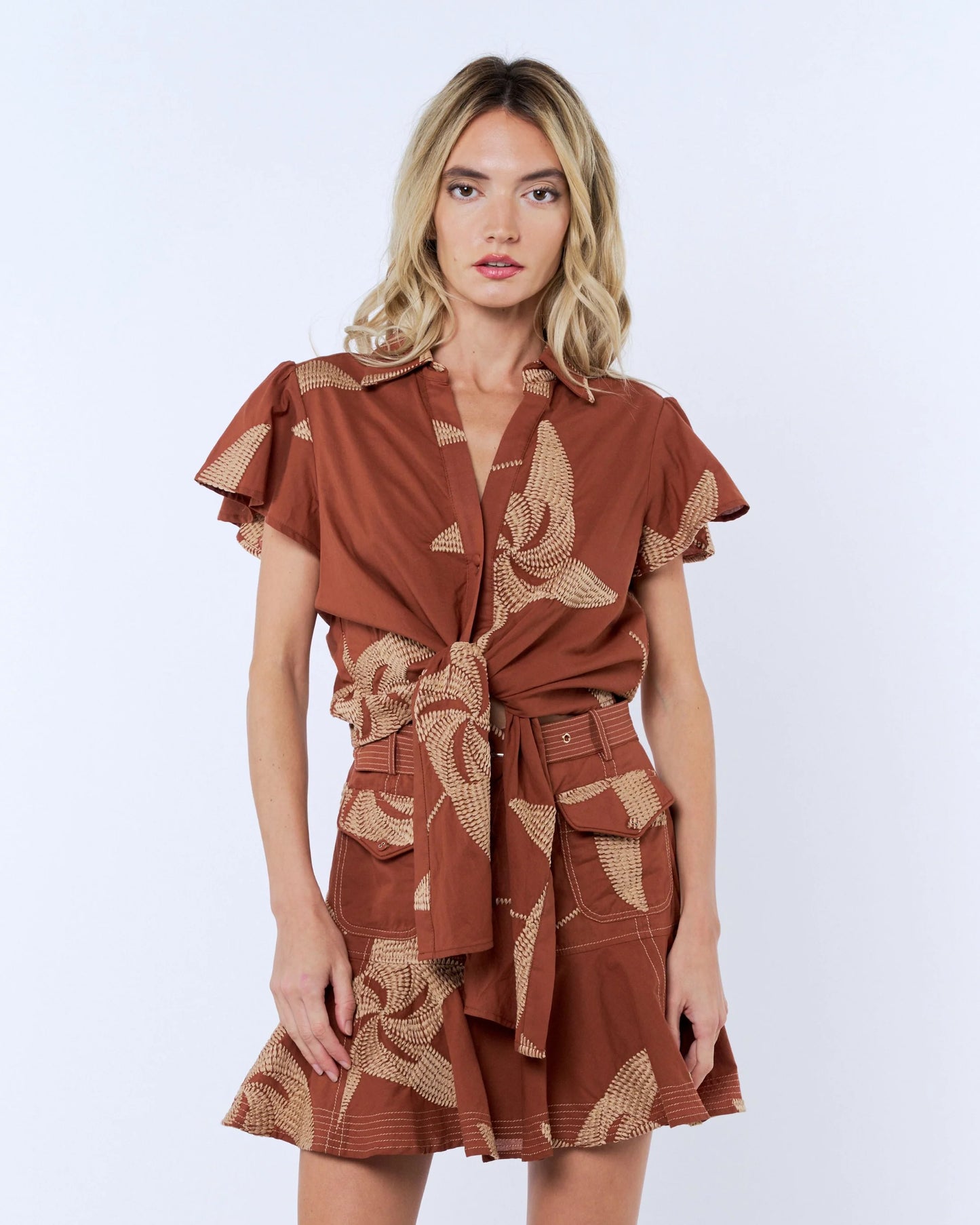 Renna Button Down Front Tie Shirt - Caramel