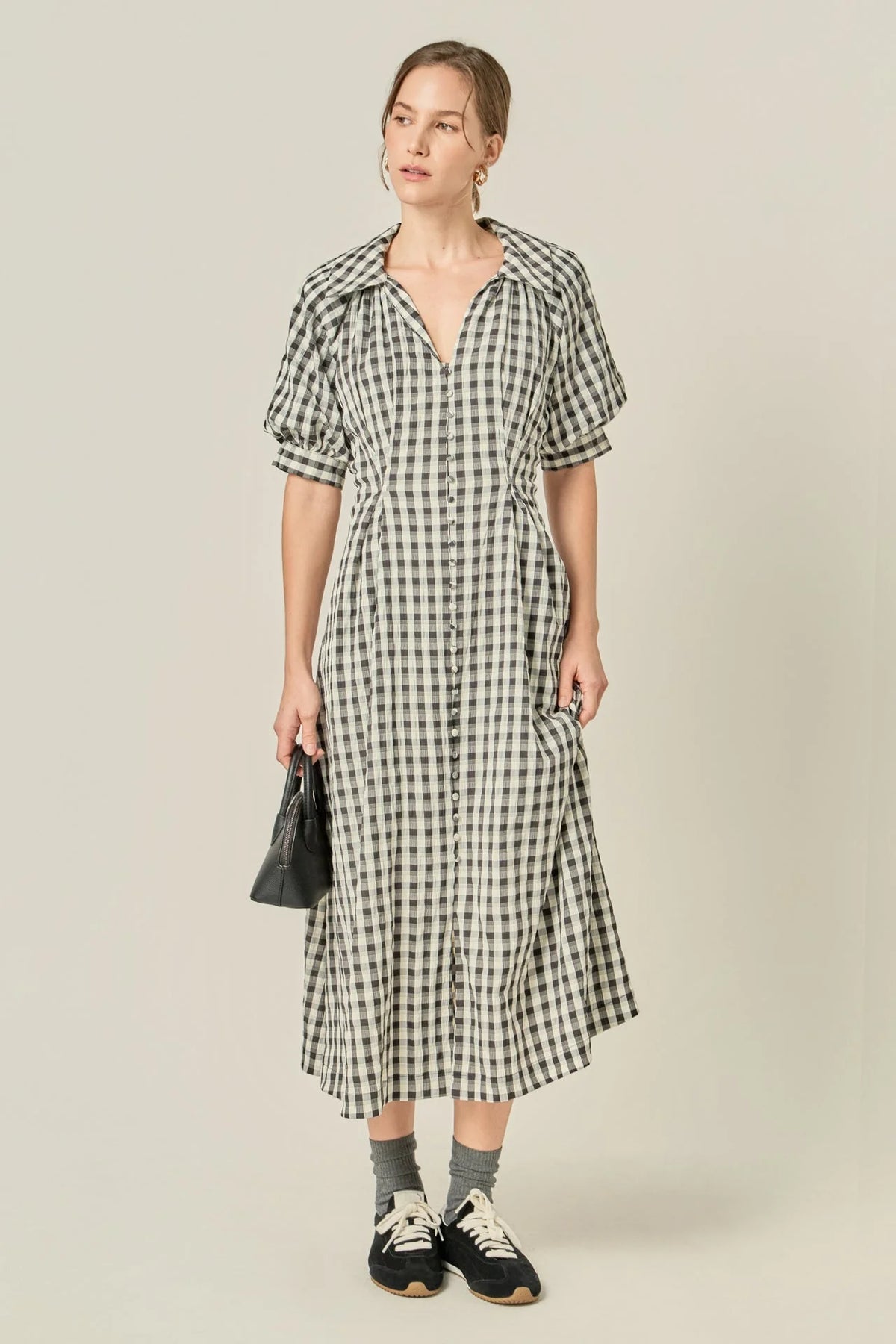 Gingham Puff Sleeve Dress - Black