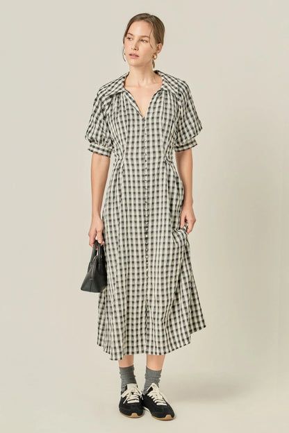 Gingham Puff Sleeve Dress - Black