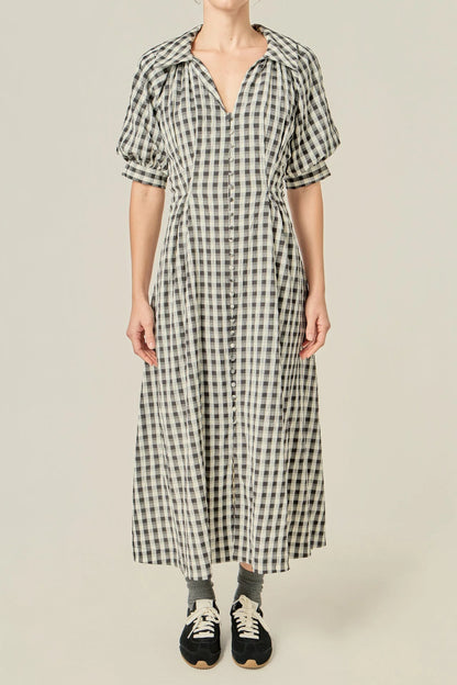 Gingham Puff Sleeve Dress - Black