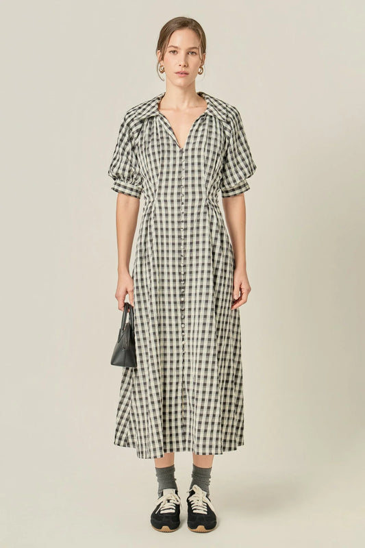 Gingham Puff Sleeve Dress - Black