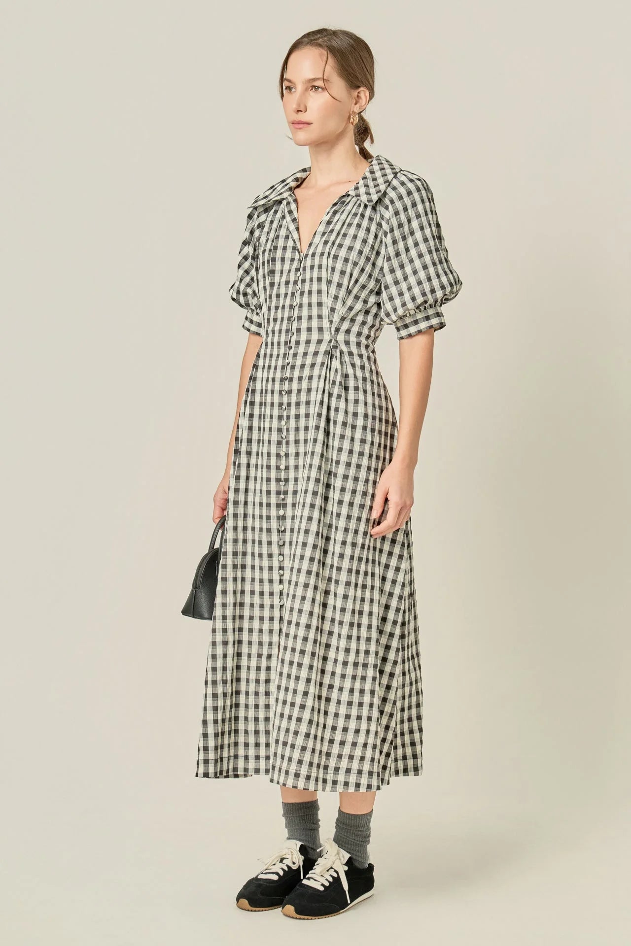 Gingham Puff Sleeve Dress - Black