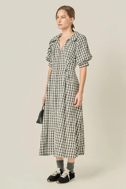 Gingham Puff Sleeve Dress - Black