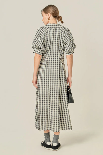 Gingham Puff Sleeve Dress - Black